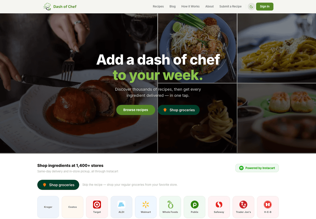 Dash of Chef homepage: recipe discovery with one-tap grocery shopping across 1,400+ stores